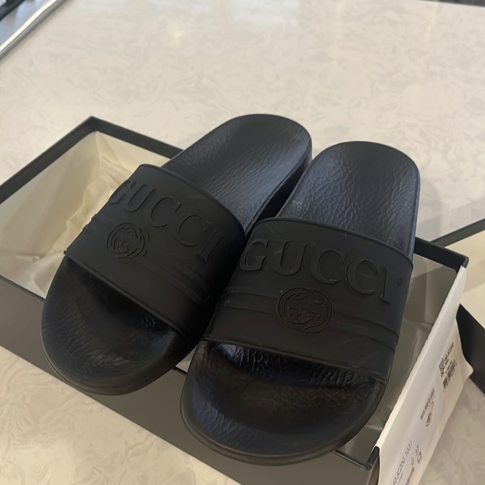 COPY - Gucci Logo Rubber Slides Sandals Black Nero Size 37 / 7